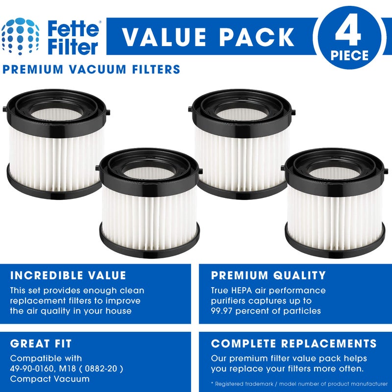 Fette Filter - HEPA Dry Filter Compatible with Milwaukee Part Number 49-90-0160, 49-90-1951 for M18 Compact Vacuum Model Number 0882-20 Includes 4 Replacement Filters. - Image 2